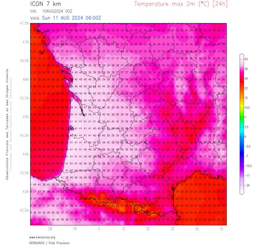 Le pic de chaleur intense se confirme pour demain dimanche, notamment dans le sud-ouest avec des valeurs mod&eacute;lis&eacute;es &gt; 40&deg;C jusqu'en bord de mer avec des vents de terre. Des &eacute;carts de 1 &agrave; 2&deg;C existent encore entre les mod&egrave;les.