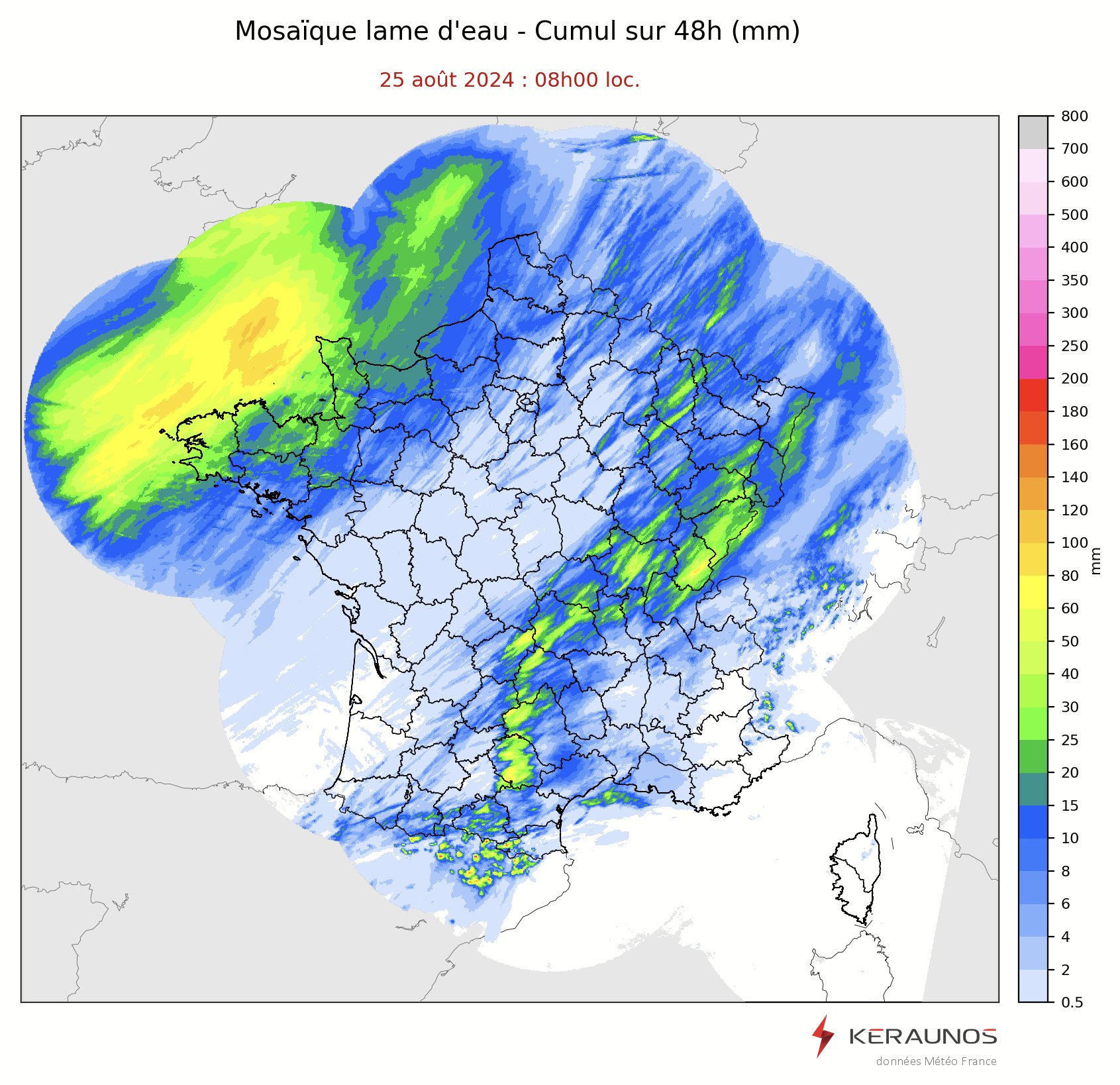 L'&eacute;pisode orageux se termine sur la France ce dimanche. Ces 48 derni&egrave;res heures, les pluies ont &eacute;t&eacute; abondantes sous le front froid qui a ondul&eacute; en Manche avec localement plus de 60 mm estim&eacute;s par la lame radar. On distingue &agrave; l'avant les orages forts de l'Occitanie au nord-est du pays, qui ont produit gr&ecirc;le de 5 cm, rafales de 100 &agrave; tr&egrave;s localement 150 km/h et pluies intenses.