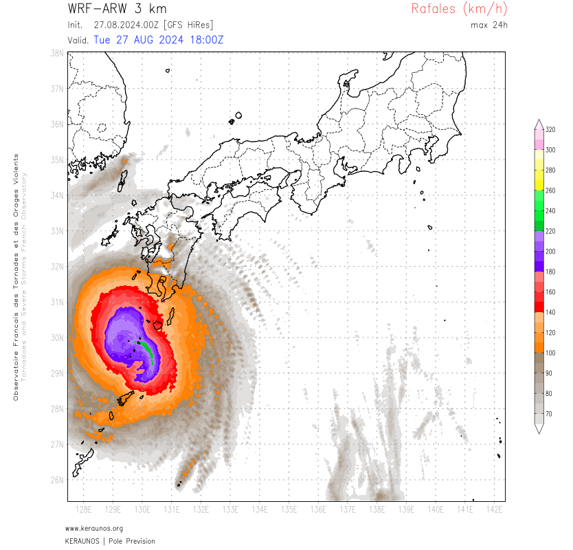 Le typhon Shanshan gagne le nord de l'archipel d'Okinawa au Japon. Il pourrait produire ce mardi des rafales &gt; 200 km/h sur certaines &icirc;les et des lames d'eau en 24h proches de 400 mm. Le typhon devrait ensuite poursuivre sa trajectoire vers Kyushu o&ugrave; des pluies diluviennes sont attendues dans la semaine.