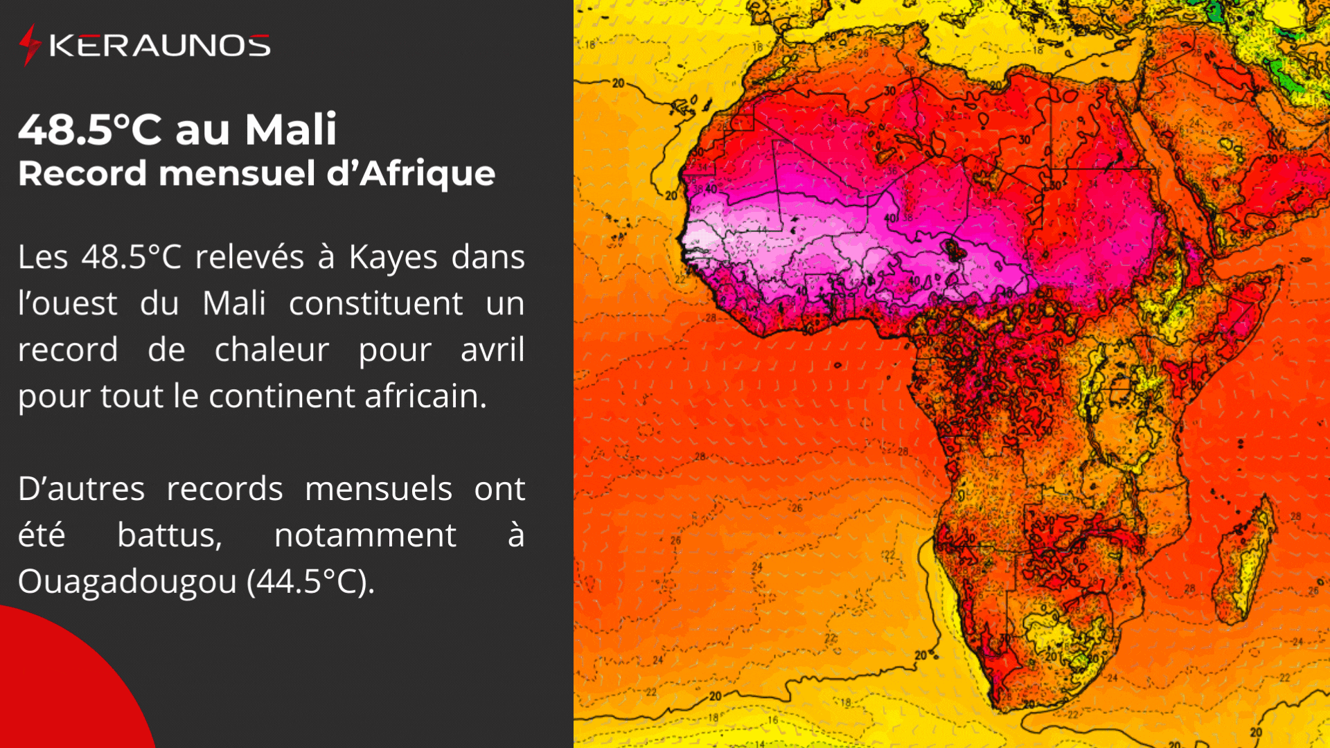 <p>Une chaleur exceptionnelle concerne depuis plusieurs jours le Sahel. Ce mercredi, 48.5°C ont été relevés au Mali, ce qui constitue un record mensuel pour tout le continent africain. De multiples autres records ont été battus.</p>