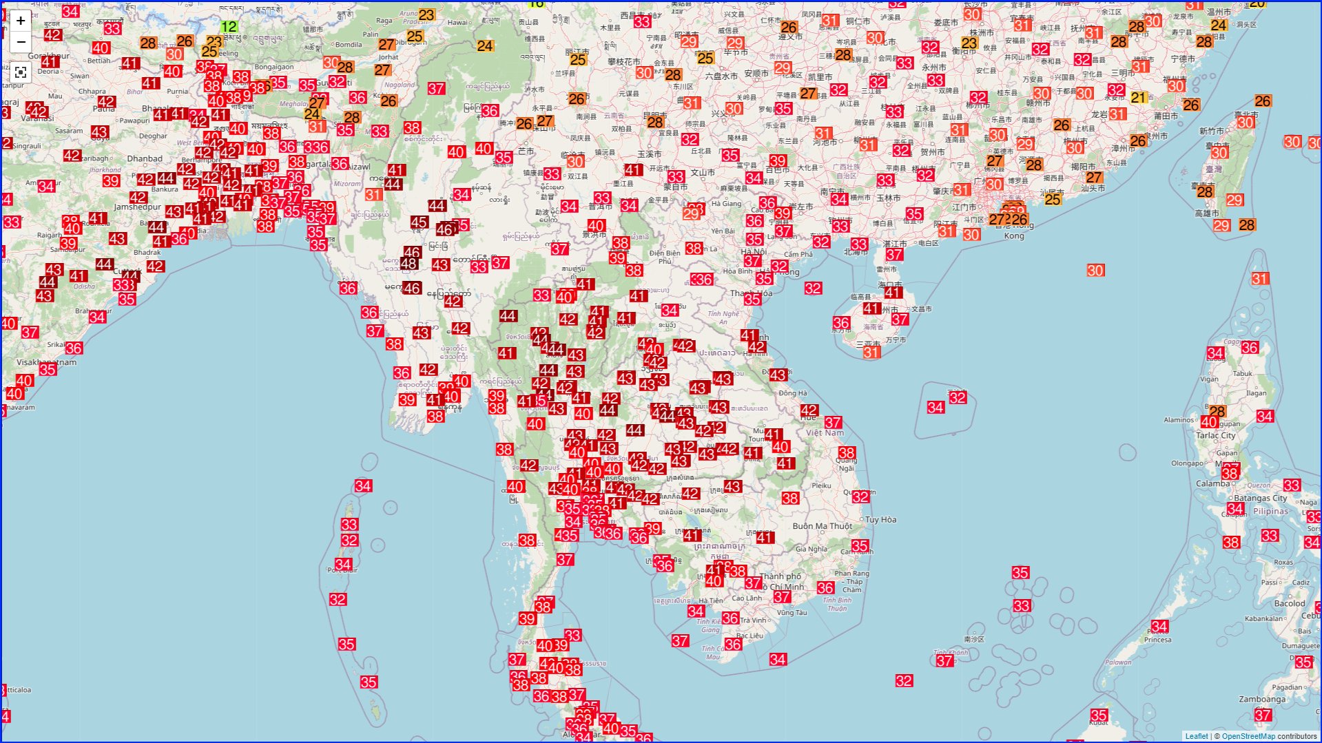 <p>Une chaleur exceptionnelle concerne depuis plusieurs semaines l'Asie.</p>
<p>Elle culmine ces derniers jours avec des valeurs records. Des records absolus ont été battus ou égalés à Manille - Philippines (38.8°C), Vientiane - Laos (42.5°C), au Cambodge (42.8°C), en Birmanie (plus de 46°C) ou au Vietnam (44°C).</p>
<p>Des dizaines de records mensuels battus en #Thaïlande avec des nuits étouffantes (records absolus de hautes minimales). D'autres ont également été battus en Inde ou en Chine (plus de 43°C), jusqu'au Japon.</p>
<p>Carte des maxi de ce 28 avril - Ogimet</p>