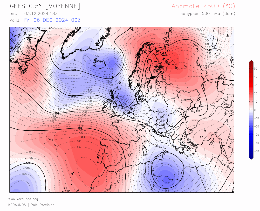 Confirmation d'un d&eacute;crochage polaire pour le week-end prochain avec passage en flux de nord-ouest instable samedi puis en flux de nord froid et parfois neigeux dans l'est &agrave; partir de dimanche. Un blocage anticyclonique vers de hautes latitudes devrait se constituer. Des conditions hivernales sont donc pr&eacute;vues sur la France &agrave; partir du week-end &agrave; venir.