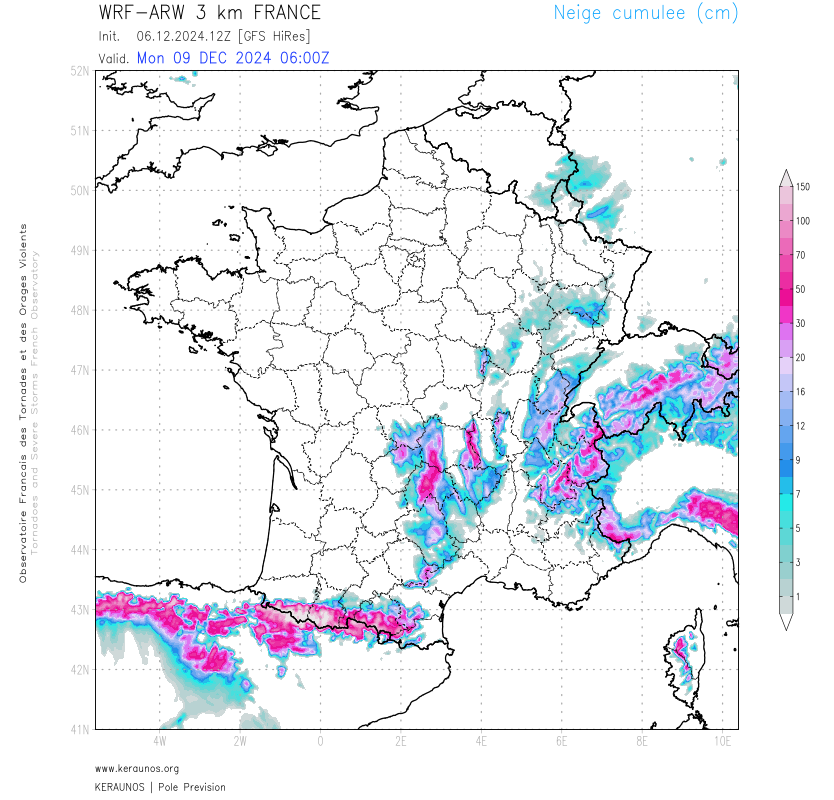 Au passage et &agrave; l'arri&egrave;re de la perturbation associ&eacute;e &agrave; la d&eacute;pression Darragh, les reliefs devraient blanchir parfois significativement d'ici la fin du week-end avec plusieurs dizaines de cm de neige attendus sur les Pyr&eacute;n&eacute;es en particulier, mais &eacute;galement entre Massif-Central et Alpes.