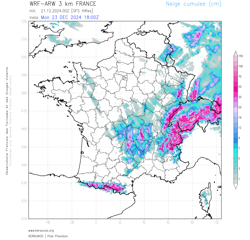 Avant le retour de conditions tr&egrave;s anticycloniques pour et apr&egrave;s No&euml;l, une nouvelle offensive neigeuse va se produire dimanche et lundi avec des cumuls appr&eacute;ciables sur tous les reliefs (souvent 30 &agrave; 50 cm voire 80 cm sur les Alpes).