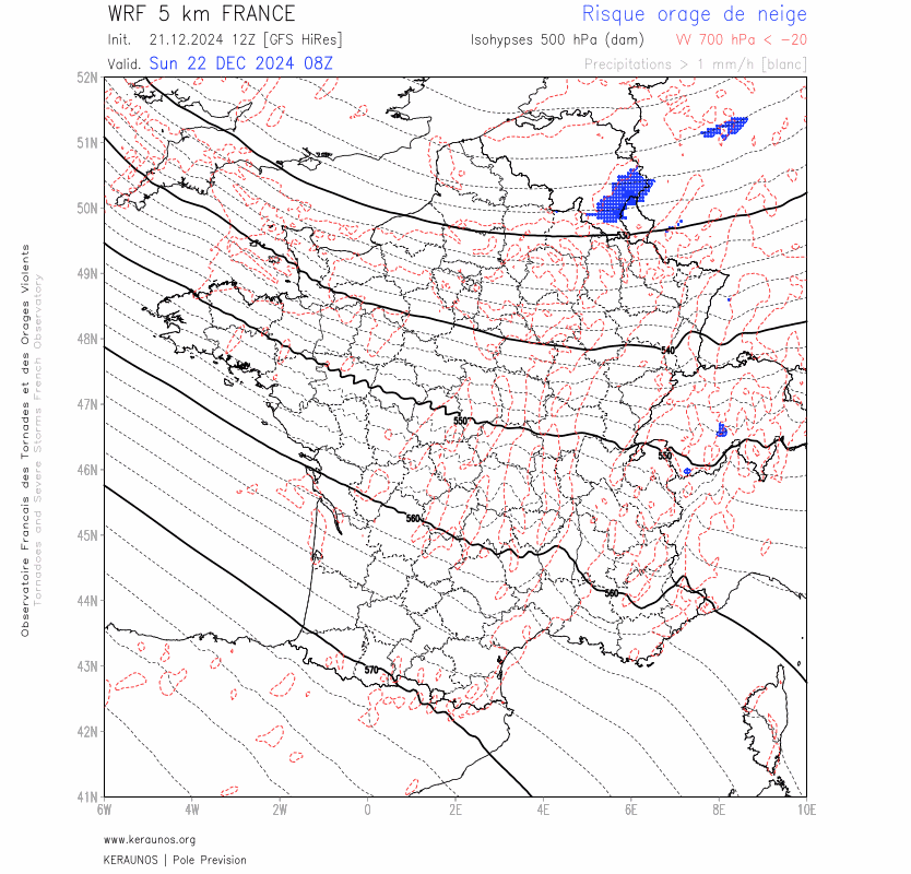 Dimanche apr&egrave;s-midi, avec une intrusion bien froide en altitude, les gradients thermiques vont nettement se resserrer. Quelques orages accompagn&eacute;s de neige seront ainsi possibles sur le nord-est du pays, de mani&egrave;re tr&egrave;s localis&eacute;e. Le risque orageux concernera &eacute;galement les r&eacute;gions plus &agrave; l'ouest, mais le risque de neige associ&eacute; sera bien plus faible.