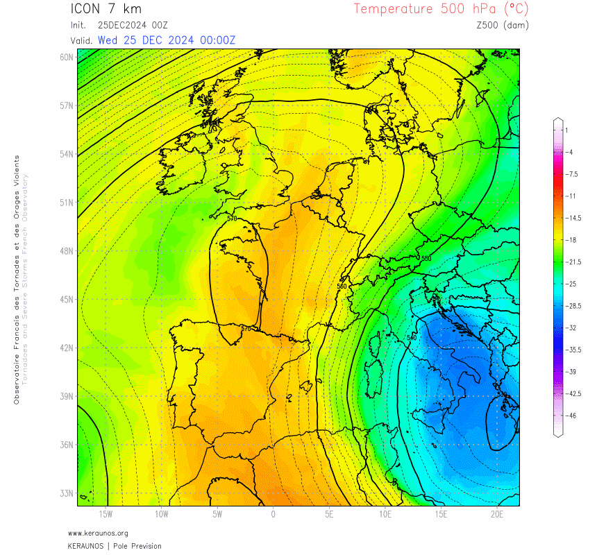 Un isolement d'air chaud s'organise en altitude en ce jour de No&euml;l. Il persistera jusqu'&agrave; samedi, en lien avec un anticyclone &agrave; tous les niveaux. Cette configuration va assurer des conditions stables, calmes, sans orages, avec de fr&eacute;quents nuages bas dans le nord du pays notamment.