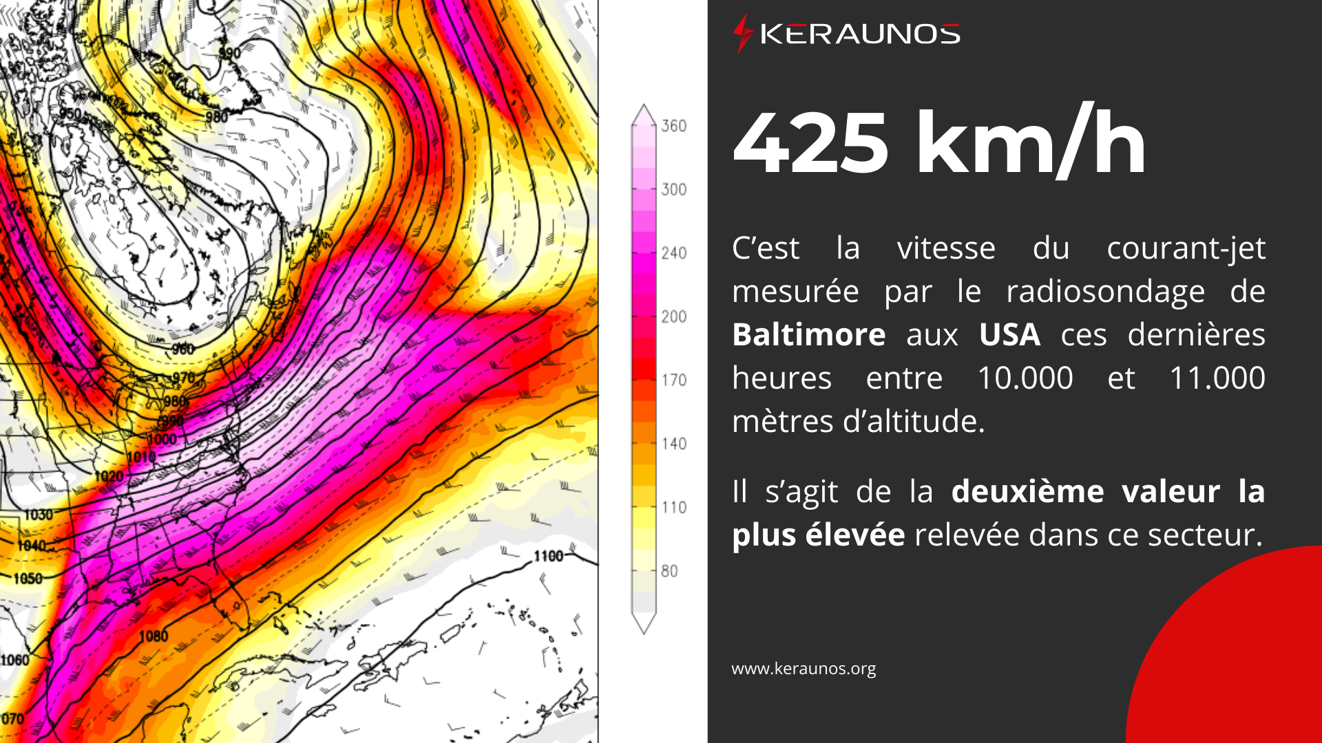 <p>Le courant-jet a atteint jusqu'à 230 nœuds (environ 425 km/h) sur l'est des Etats-Unis ces dernières heures. Il s'agit d'une valeur remarquable, la deuxième plus élevée relevée par le radiosondage de Baltimore.</p>