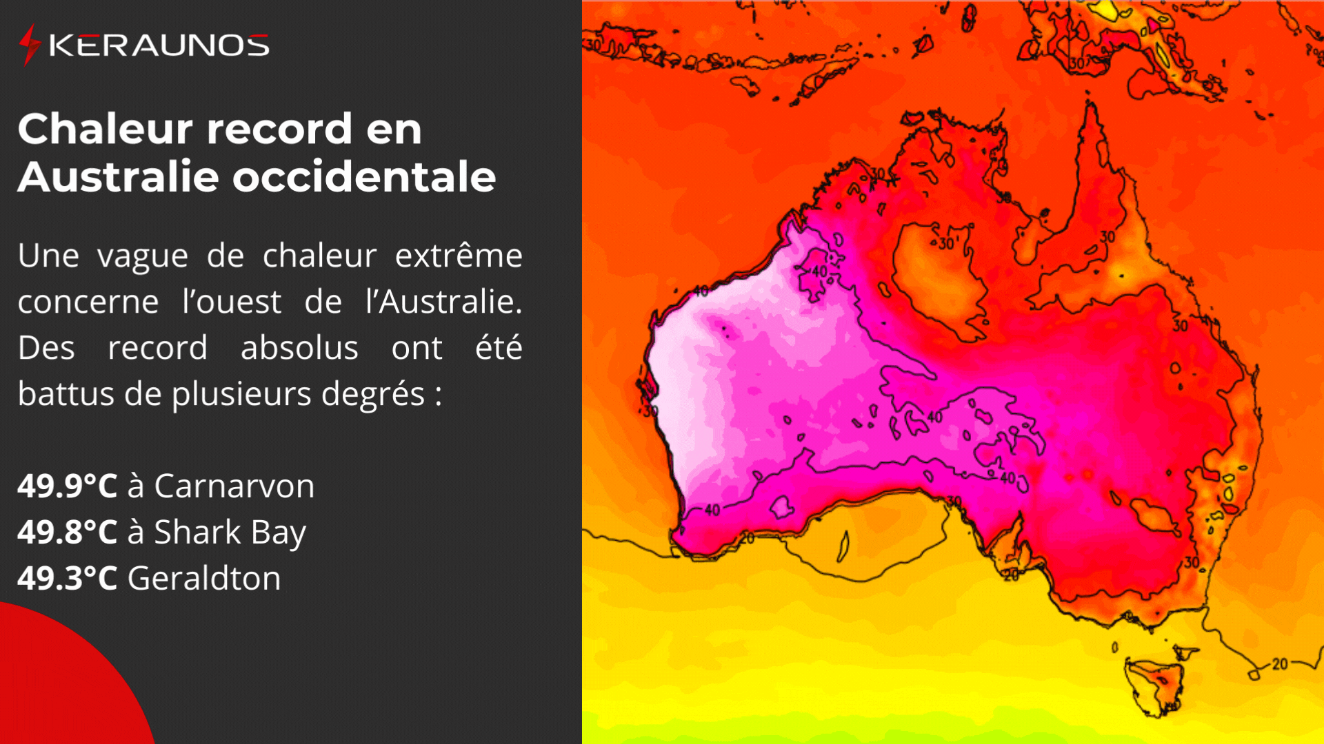 <p>Une nouvelle vague de chaleur extrême concerne l'ouest de l'Australie avec près de 50°C relevé sur la côte occidentale ces dernières heures.</p>