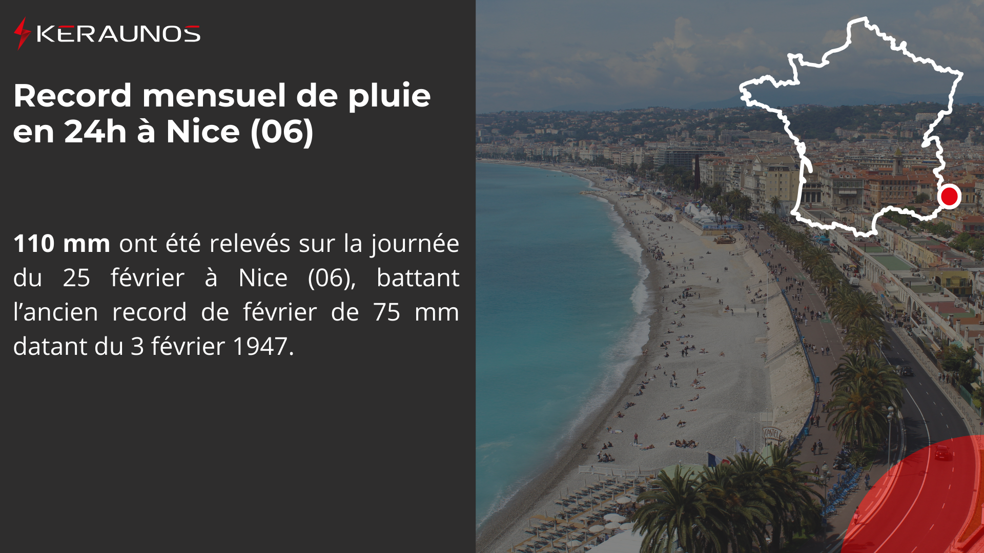 <p>Beaucoup de pluie à Nice dans les Alpes-Maritimes ces dernières 24h avec 109.8 mm relevés. Il s'agit d'un record 24h pour un mois de février et même pour un premier trimestre tout entier.</p>