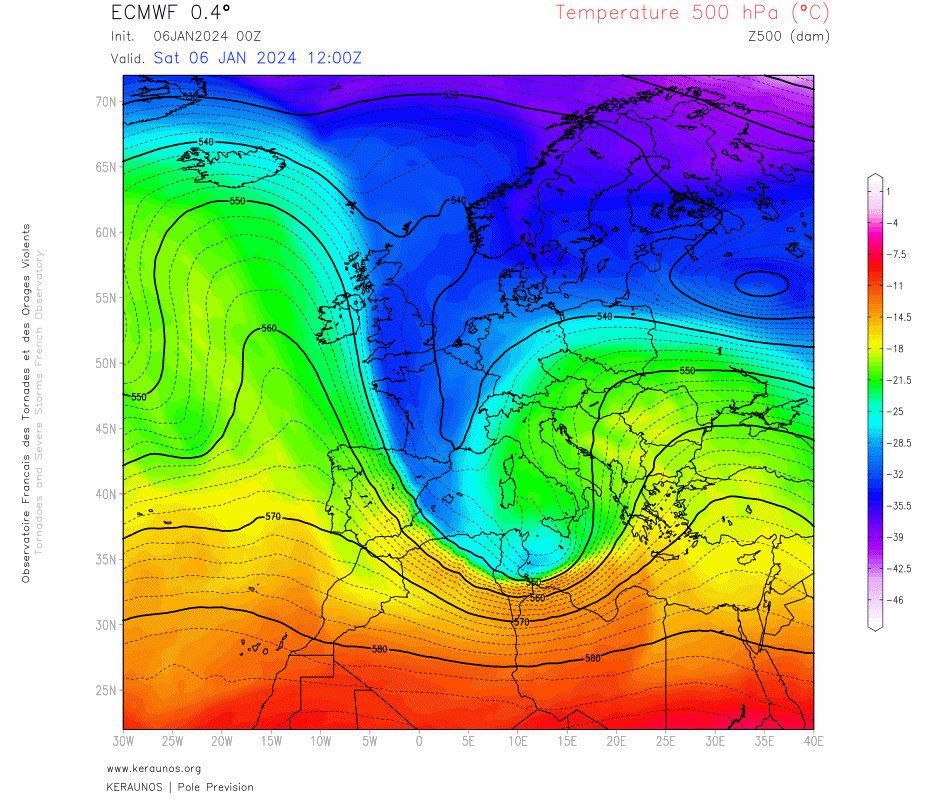 Un blocage anticyclonique va se constituer entre Ecosse et Islande, drainant une masse d'air froid sur la France. Il faudra surveiller l'&eacute;volution de la goutte froide sous le blocage entre sud France et nord Espagne la semaine prochaine.