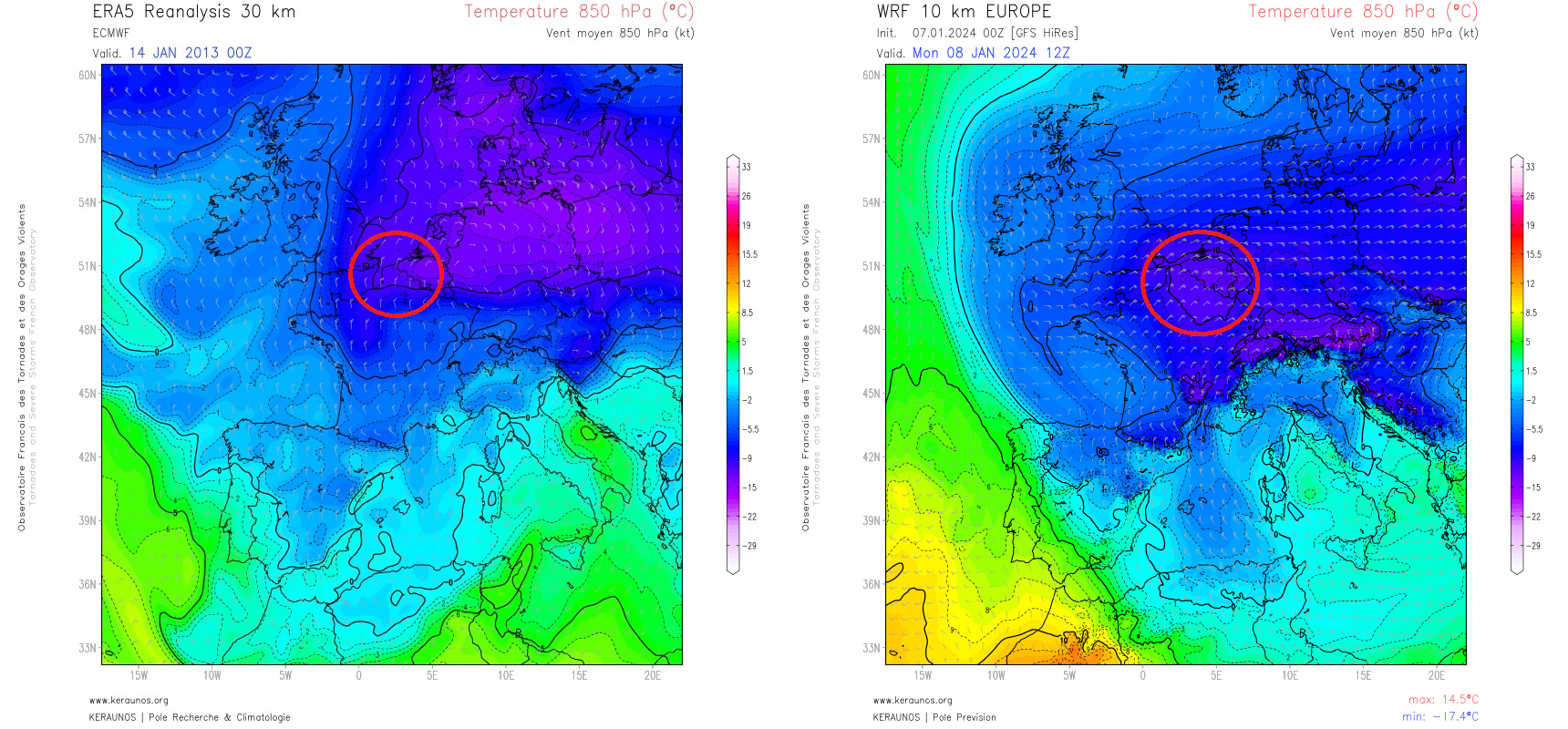 Demain lundi, les temp&eacute;ratures devraient s'abaisser jusqu'&agrave; -10/-11&deg;C &agrave; 850 hPa (soit vers 1500m d'altitude), comme l'illustre la pr&eacute;vision WRF-NMM 10 km &agrave; droite. Pour le nord de la France, il faut remonter &agrave; 2013 pour retrouver une masse d'air aussi froide au mois de janvier &agrave; cette altitude (voir la situation du 14 janvier 2013 &agrave; gauche).