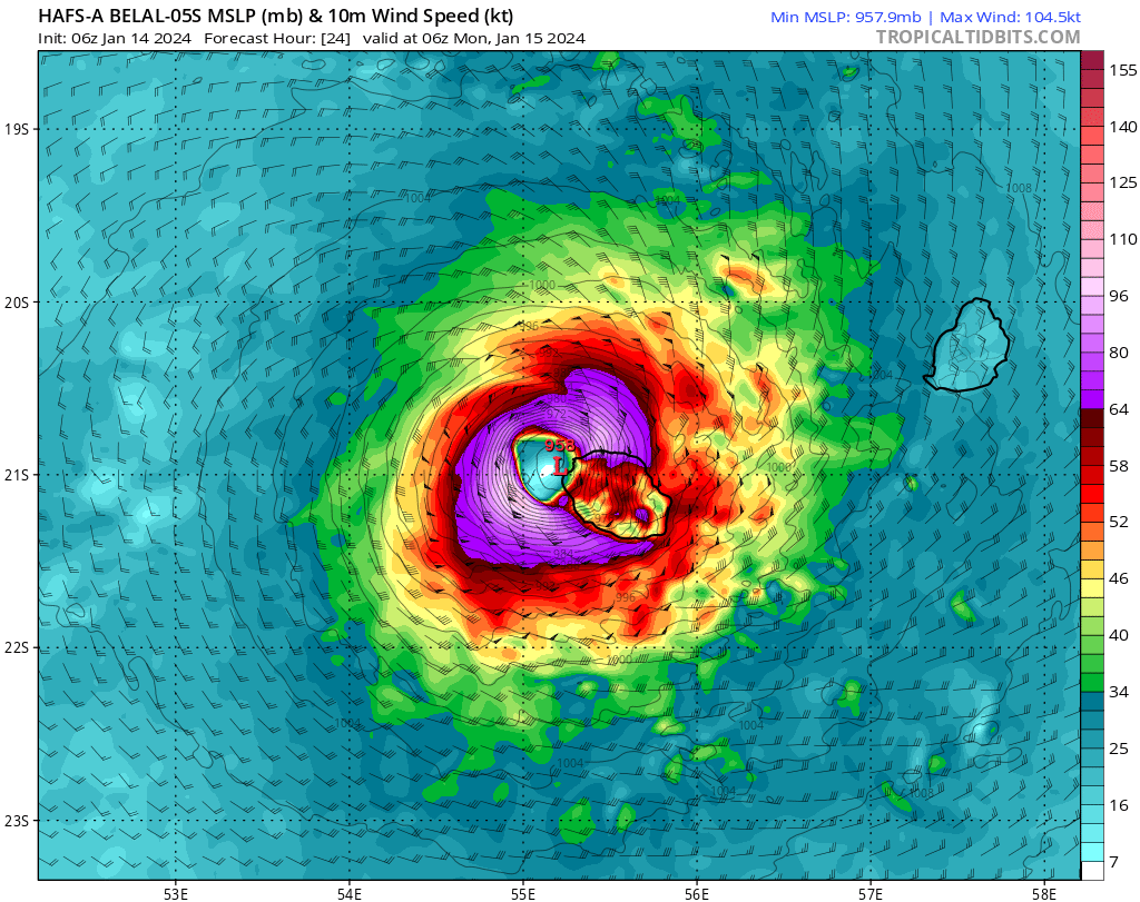 Les mod&egrave;les sp&eacute;cialis&eacute;s HAFS-A et HWRF envisagent tous deux un impact du cyclone Belal sur la R&eacute;union vers 6h UTC demain matin, en &eacute;quivalent cat&eacute;gorie 3 pour HAFS-A. Il semble probable que des rafales &gt; 200 km/h puissent &ecirc;tre relev&eacute;es, au moins sur le relief.