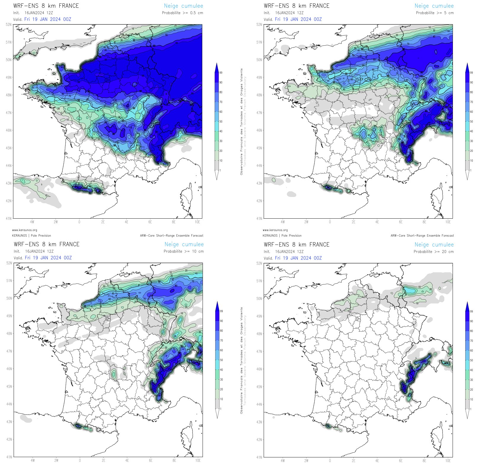 La pr&eacute;vision de neige se confirme pour demain par rapport &agrave; hier avec les probas 0.5, 5, 10 et 20 cm. Les cumuls maxi devraient &ecirc;tre observ&eacute;s au nord de la Seine, avec potentiellement 10/15 cm, loc 20 cm en Picardie ou sud du Nord-Pas de Calais.