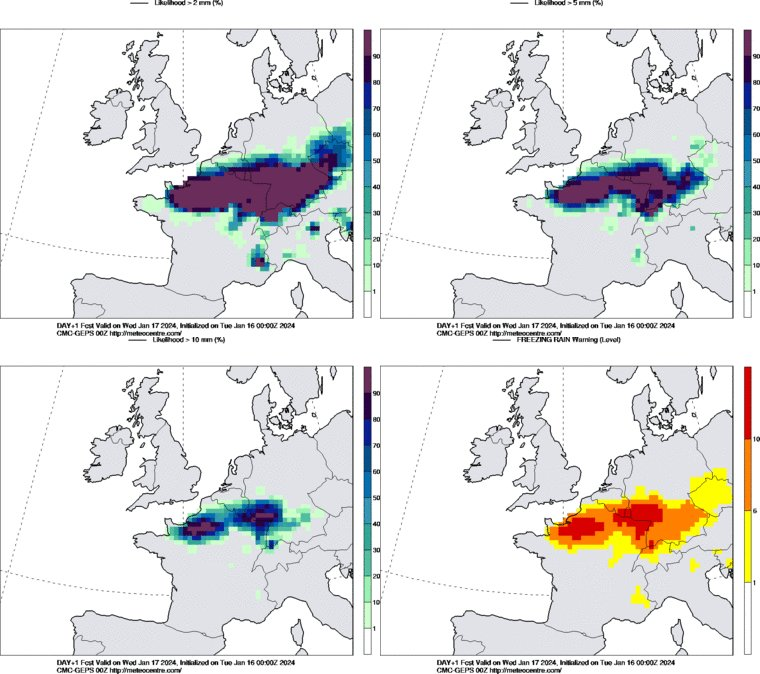 Les quantit&eacute;s de pluies vergla&ccedil;antes sont tr&egrave;s difficiles &agrave; pr&eacute;voir (cela se joue au degr&eacute; pr&egrave;s). Dans la zone de contact air doux/air froid, au sud de la zone neigeuse, les probabilit&eacute;s 2, 5 et 10 mm de verglas sont importantes de la Normandie au nord-est d&egrave;s la nuit prochaine.