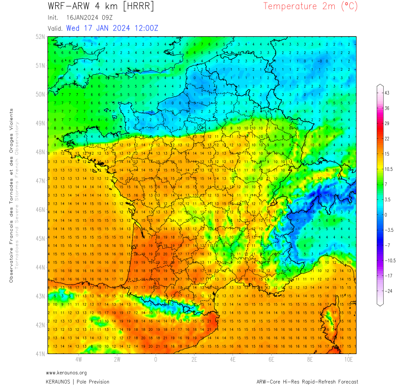 Rare gradient thermique demain mi-journ&eacute;e : 14&deg;C sur sud Essonne, 0&deg;C sur Val-d'Oise. Cette ligne de contact, si elle bouge ne serait-ce que de 20 km peut avoir de grosses cons&eacute;quences de viabilit&eacute; hivernale... A noter +5&deg;C attendus sur le Val-d'Oise &agrave; 1500 m d'o&ugrave; le risque de pluie vergla&ccedil;ante.