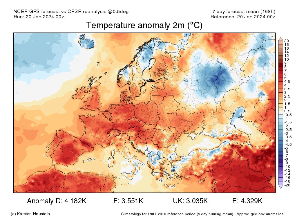 La majeure partie de l'Europe va conna&icirc;tre un temps bien plus doux que la normale en moyenne ces 7 prochains jours avec des anomalies moyennes positives assez marqu&eacute;es. Le sud de la Scandinavie, qui conna&icirc;t un temps bien froid depuis l'automne pourrait &eacute;galement &ecirc;tre concern&eacute;.