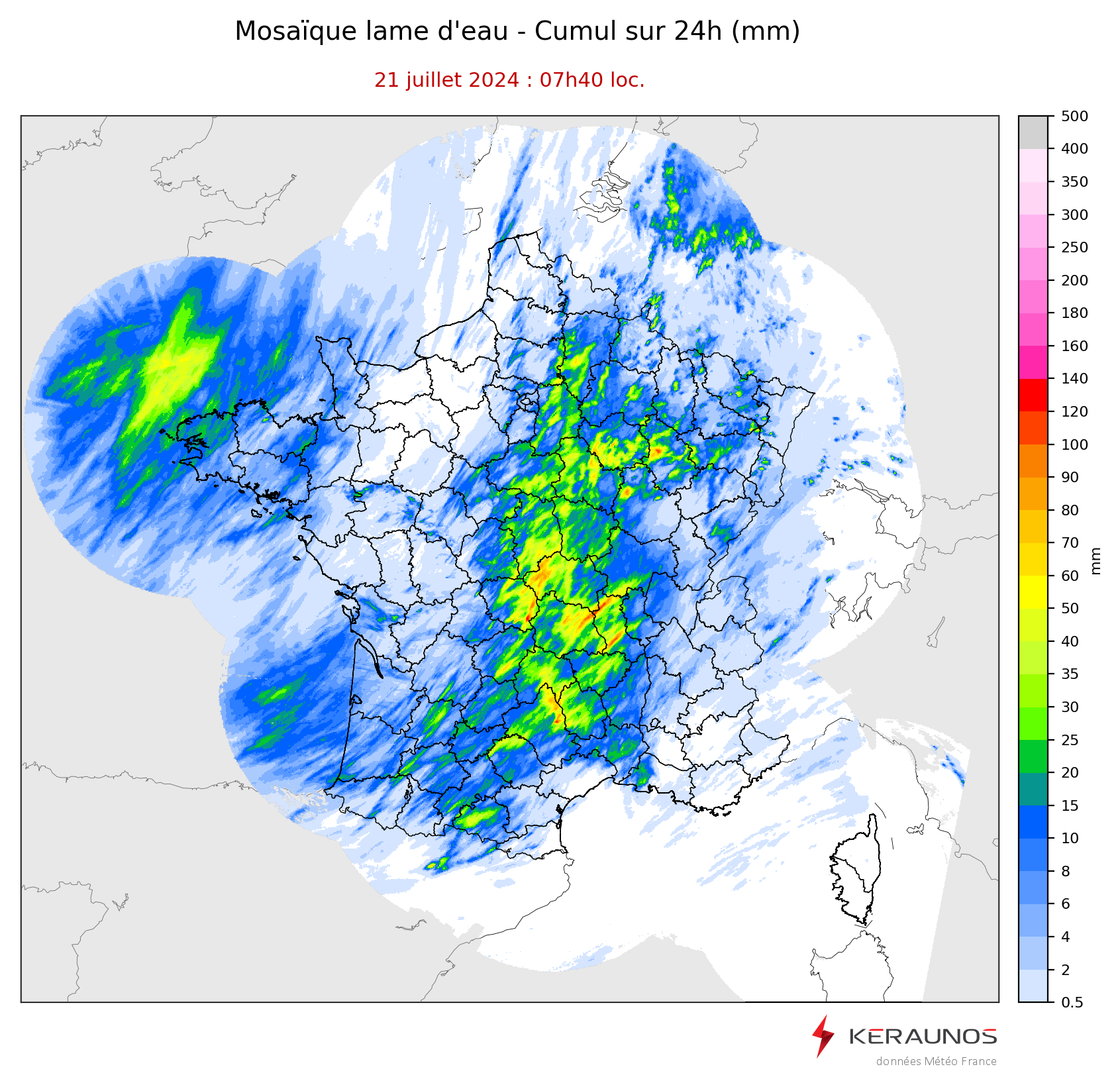 <p>Les pluies observées ces dernières 24 heures ont été particulièrement abondantes du Massif Central à la Champagne et à la Lorraine, avec des lames d'eau fréquemment supérieures à 40 mm. Localement, des pointes estimées > 100 mm ont été observées dans la Creuse, la Loire et la Haute-Marne notamment.</p>