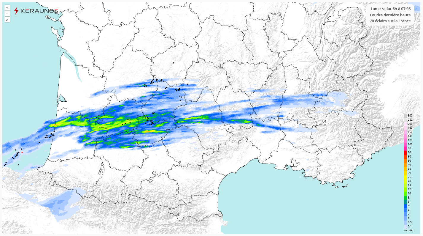 Des orages ont circul&eacute; la nuit derni&egrave;re entre Aquitaine et Occitanie, avec 1200 &eacute;clairs d&eacute;tect&eacute;s et des pluies localement fortes, notamment dans le Tarn-et-Garonne, secteur de Meauzac (40 &agrave; 50 mm en peu de temps).