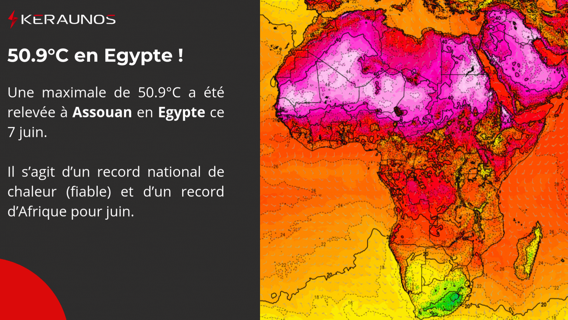 Exceptionnelle temp&eacute;rature proche de 51&deg;C relev&eacute;e en Egypte ce vendredi. Nouveau record national de chaleur (sur des relev&eacute;s jug&eacute;s fiables) et nouveau record mensuel pour l'Afrique &agrave; Assouan !