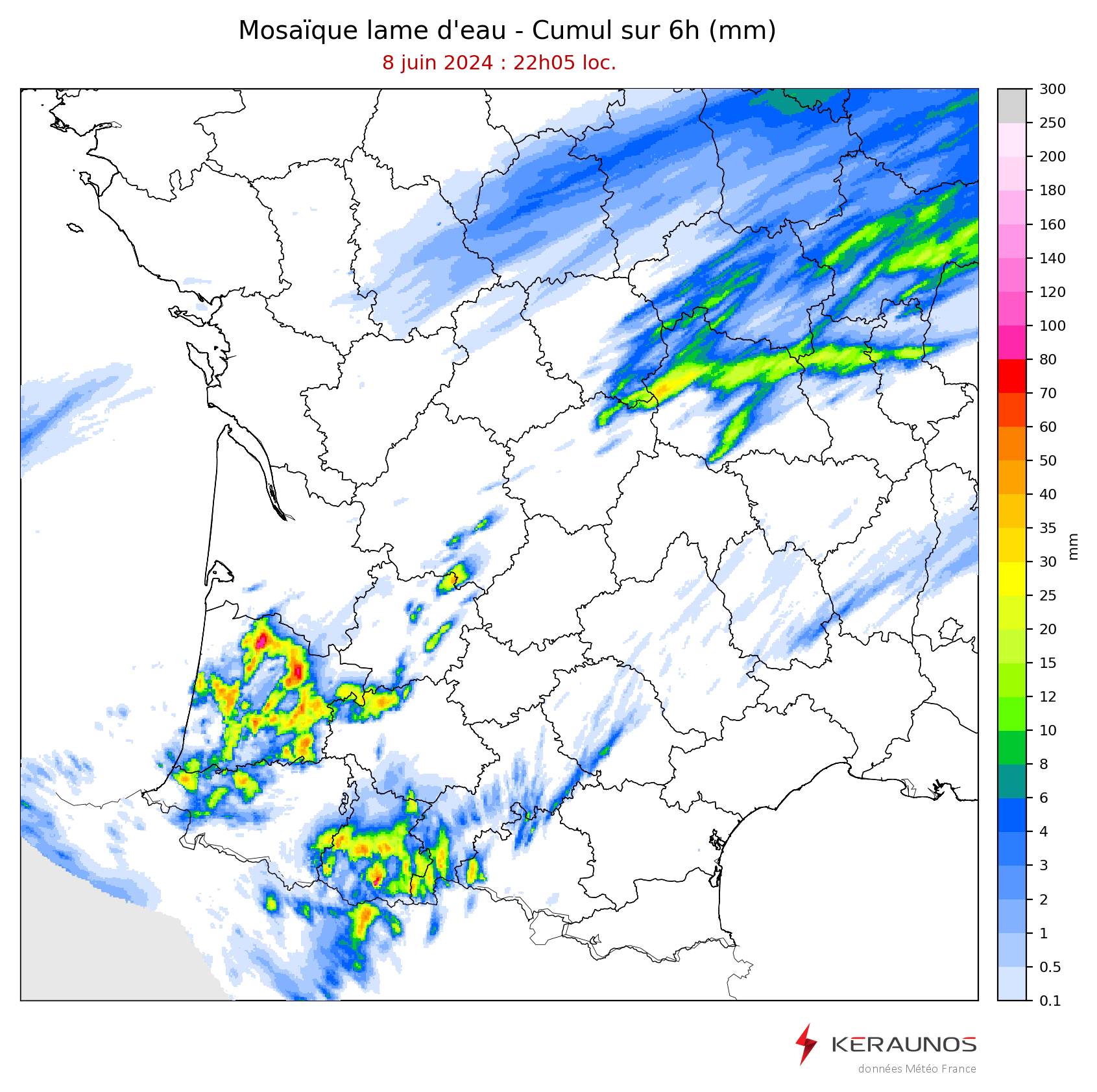 Des orages tr&egrave;s pluvieux et peu mobiles affectent le sud de l'Aquitaine depuis la fin d'apr&egrave;s-midi. Certaines lames d'eau avoisinent 80 mm, parfois tomb&eacute;s en 1 heure seulement, comme &agrave; Pissos ou Trensacq dans les Landes.