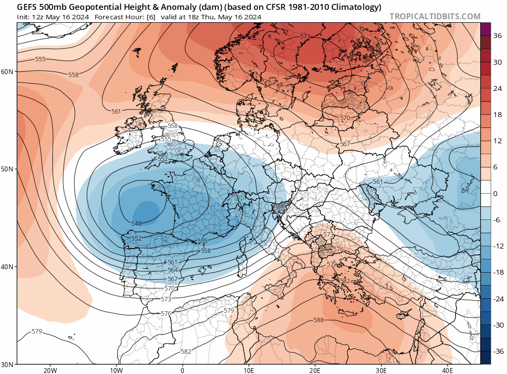 Jusqu'au 25 mai au moins, un blocage anticyclonique va persister en Scandinavie avec une circulation de gouttes froides qui va se maintenir sur la France. Une nouvelle alimentation en air froid d'altitude est attendue en d&eacute;but de semaine prochaine, pour la &eacute;ni&egrave;me fois depuis la mi-avril. Un temps instable, pluvieux et orageux va donc rester d'actualit&eacute; avec une baisse possible des temp&eacute;ratures la semaine prochaine.