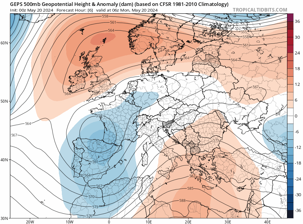 La semaine va rester dominer par la goutte froide positionn&eacute;e sur le pays ou &agrave; proximit&eacute; imm&eacute;diate. Le blocage anticyclonique scandinave devrait se maintenir et m&ecirc;me s'intensifier. Il devrait persister jusqu'&agrave; fin mai/d&eacute;but juin, avec donc un risque de goutte froide qui se maintiendrait sur l'ouest de l'Europe.