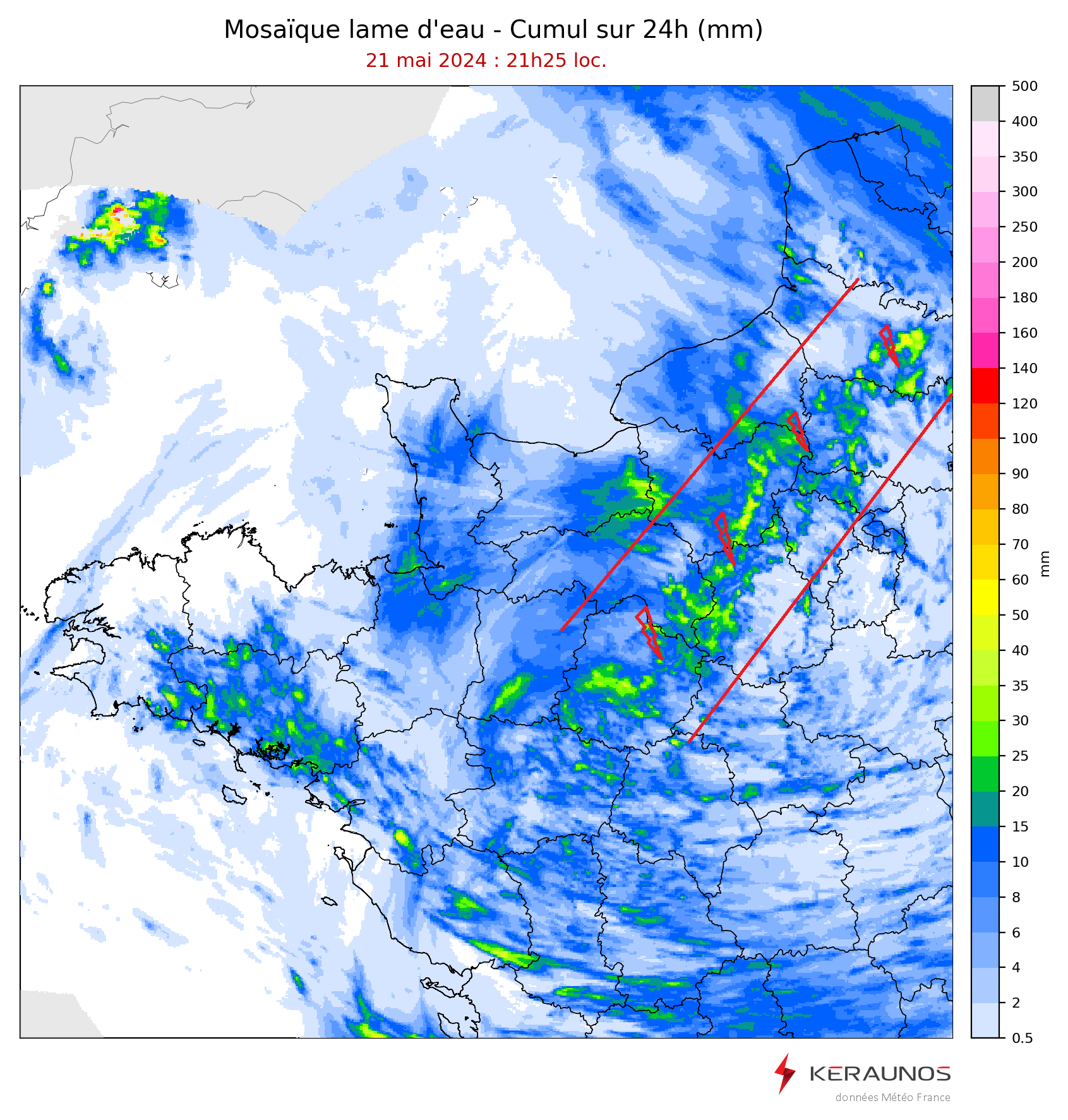 Des orages peu mobiles ont affect&eacute; un axe Sarthe - Somme ces derni&egrave;res heures. Organis&eacute;s le long d'un axe de convergence, ils ont produit des lames d'eau importantes, souvent comprises entre 30 et 50 mm, avec parfois plus de 40 mm en 1 heure. Soit parfois pr&egrave;s d'un mois de pluie d'un mois de mai normal en quelques heures seulement.