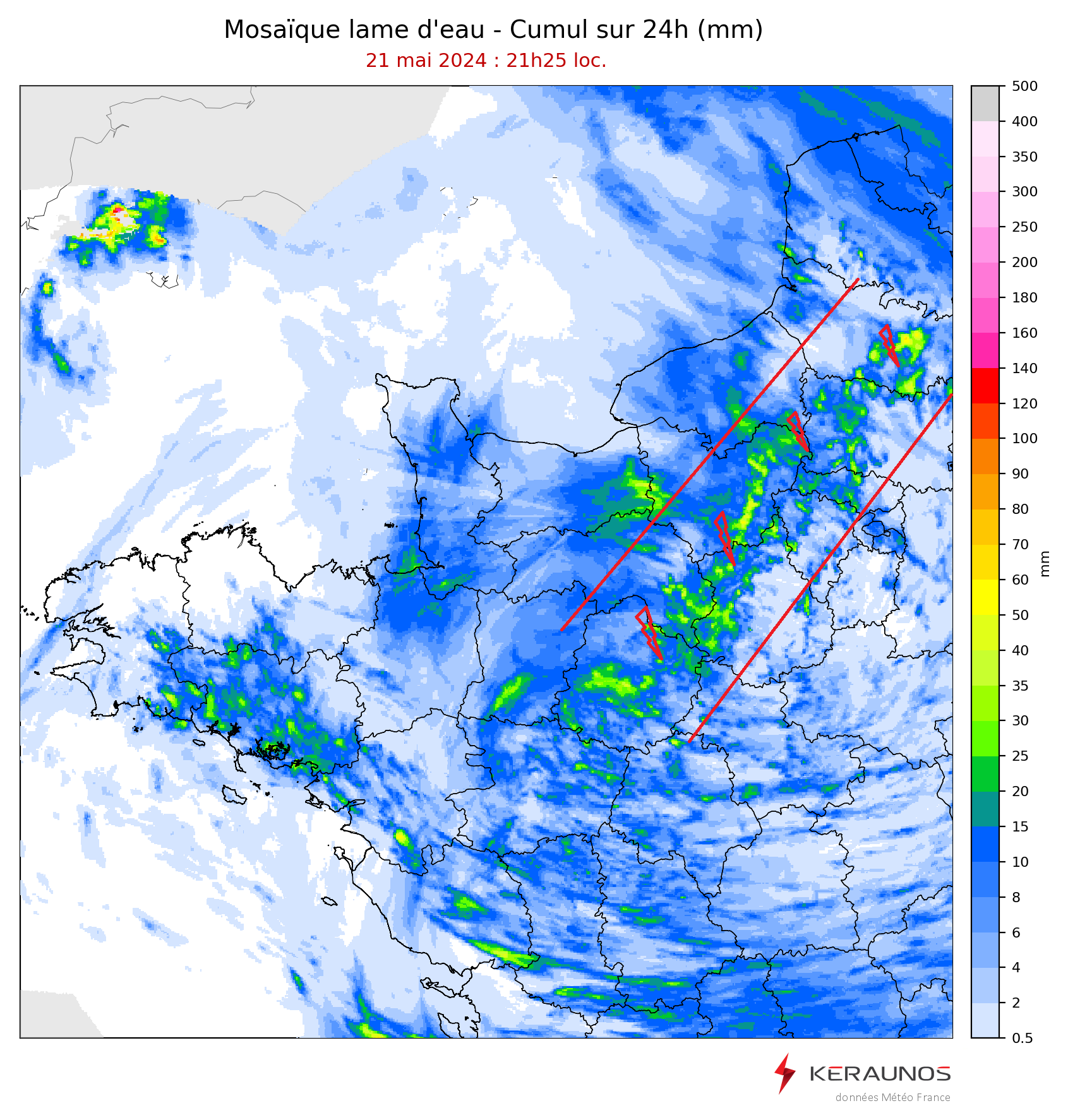 <p>Des orages peu mobiles ont affecté un axe Sarthe - Somme ces dernières heures. Organisés le long d'un axe de convergence, ils ont produit des lames d'eau importantes, souvent comprises entre 30 et 50 mm, avec parfois plus de 40 mm en 1 heure. Soit parfois près d'un mois de pluie d'un mois de mai normal en quelques heures seulement.</p>