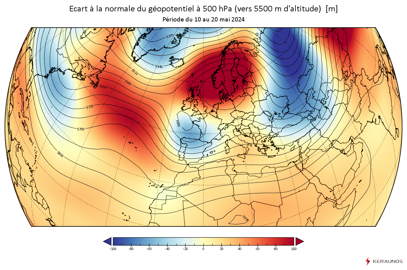 Une anomalie d&eacute;pressionnaire d'altitude stationne &agrave; proximit&eacute; de la France depuis plus d'une semaine, bloqu&eacute;e par une anomalie anticyclonique cal&eacute;e sur la Scandinavie. R&eacute;sultat : #orages &agrave; r&eacute;p&eacute;tition, plus de 110.000 &eacute;clairs depuis le 1er mai et gr&ecirc;le tr&egrave;s fr&eacute;quente sur toutes nos r&eacute;gions.