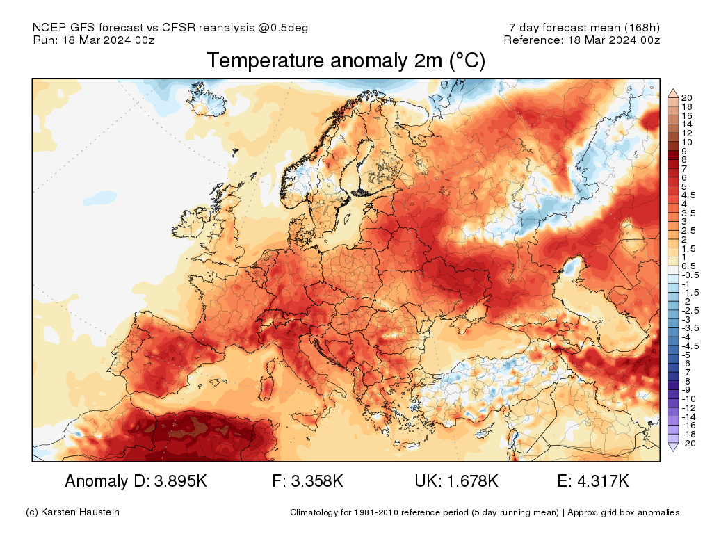 Cette semaine durant laquelle se produira l'&eacute;quinoxe de printemps s'annonce encore bien douce, avec une anomalie thermique sur 7 jours autour de +3 &agrave; +4&deg;C sur la France. Un refroidissement plus net est envisag&eacute; pour le week-end prochain avec un passage en flux de nord.