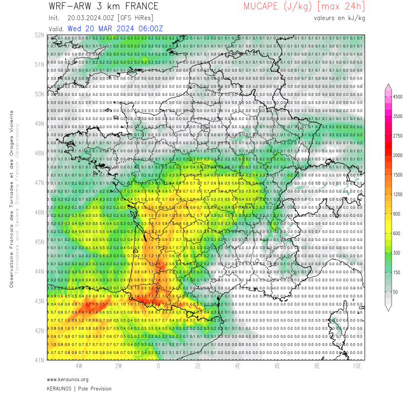 <p>Une situation fortement instable pour un mois de mars est attendue ce mercredi dans le sud-ouest du pays. La MUCAPE (énergie convective potentielle) pourrait atteindre voire dépasser 1500 J/kg localement. En conséquence, des développements orageux sont attendus en soirée en Aquitaine notamment.</p>