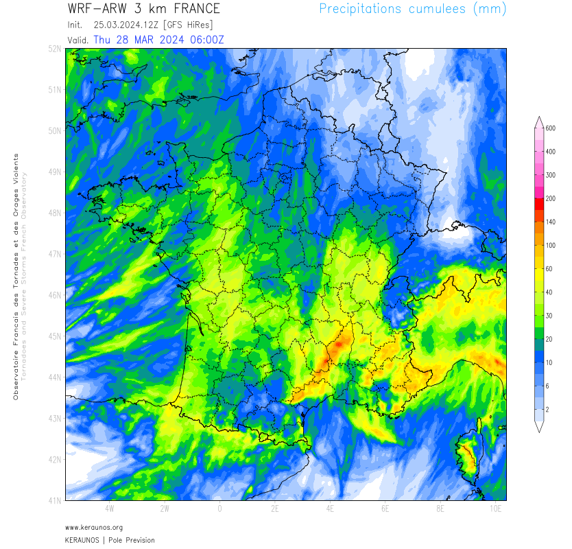 <p>La séquence perturbée qui s'ouvre va débuter avec des pluies abondantes notamment sur le sud-est du pays avec des cumuls pouvant dépasser localement les 100 mm sur les Cévennes d'ici jeudi matin. Ce mois de mars va se révéler particulièrement pluvieux sur le relief cévenol, avec des cumuls mensuels qui devraient largement dépasser 500 mm, ce qui est peu commun en mars.</p>