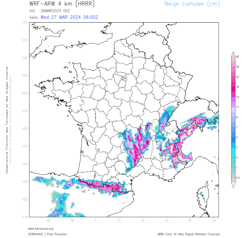 La perturbation pluvieuse la nuit prochaine pourrait produire des chutes de neige &agrave; basse altitude par isothermie entre le Massif-Central, le Jura et les Pr&eacute;alpes. D&egrave;s 400/500 m d'altitude, une couche de neige lourde et humide pourrait se constituer la nuit prochaine.
