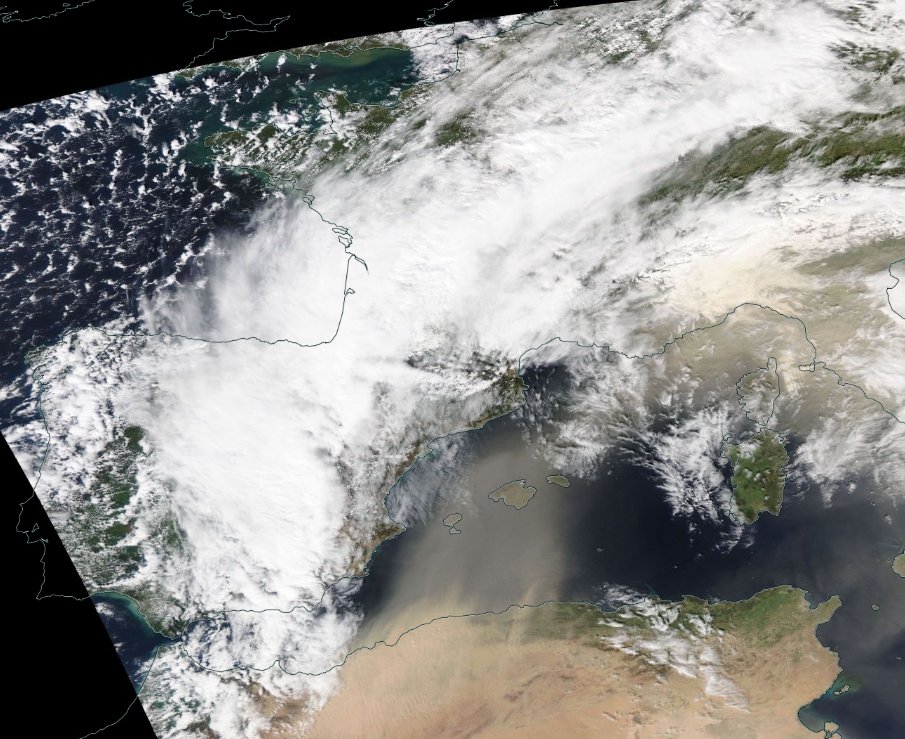 <p>Le sable entre l'Algérie, le sud-est de la France et le Golfe de Gênes bien visible sur l'imagerie satellite ce vendredi. Ici l'image du satellite Modis/Aqua de la NASA</p>