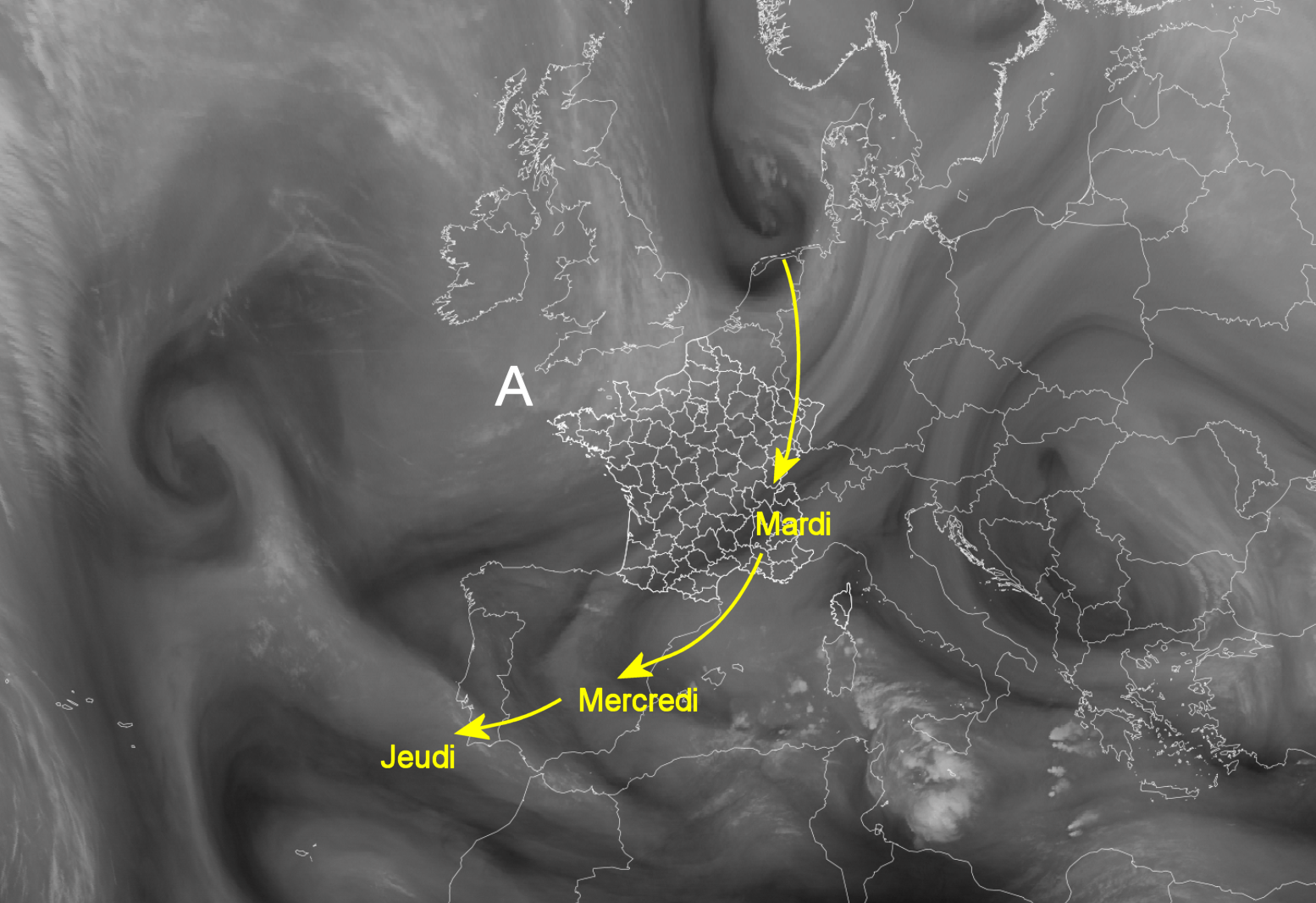 La goutte froide qui contourne la cellule anticyclonique est positionn&eacute;e en mer du Nord ce lundi matin. Elle se distingue bien sur l'image sat vapeur d'eau. Elle va migrer vers le sud du Portugal d'ici jeudi. Risque de pluies dans le sud-est entre mardi matin et jeudi matin.