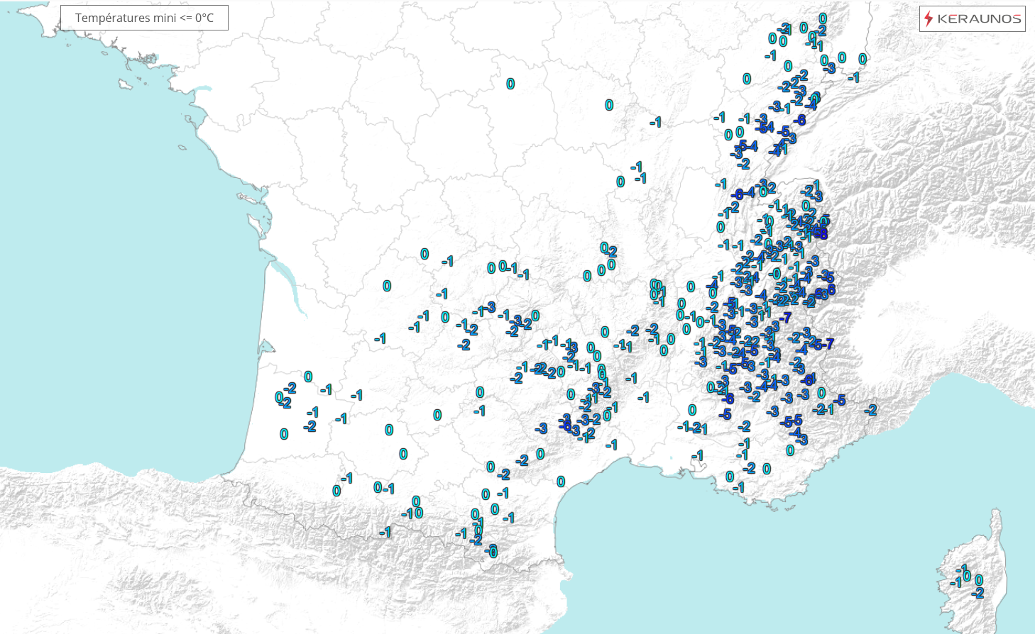 La nuit a &eacute;t&eacute; fra&icirc;che dans le sud et l'est du pays, avec du gel faible sous abri jusqu'en plaine (0 &agrave; -2&deg;C g&eacute;n&eacute;ralement).