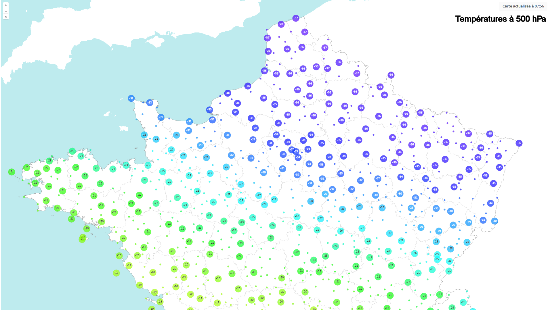Une masse d'air tr&egrave;s froid en altitude a envahi le nord de la France dans la nuit, &agrave; l'arri&egrave;re du front froid. C'est la premi&egrave;re fois de la saison qu'un d&eacute;crochage polaire se produit avec des valeurs sous les -35&deg;C &agrave; 500 hPa.