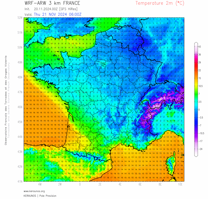 Le passage de la d&eacute;pression Caetano sur la France demain se distingue sur le champ de temp&eacute;rature &agrave; 2m. Gros gradient thermique attendu avec la neige pr&eacute;vue l&agrave; o&ugrave; les vents de nord persistent sur le flanc nord de la d&eacute;pression. Sur son flanc sud, vent d'ouest &agrave; sud-ouest fort (parfois 100 km/h avec redoux). A l'arri&egrave;re de la perturbation, le ciel pourra se d&eacute;gager la nuit suivante, avec risque de fortes gel&eacute;es (&lt; -10&deg;C mod&eacute;lis&eacute; sur la Franche-Comt&eacute; par exemple) sur les sols enneig&eacute;s.