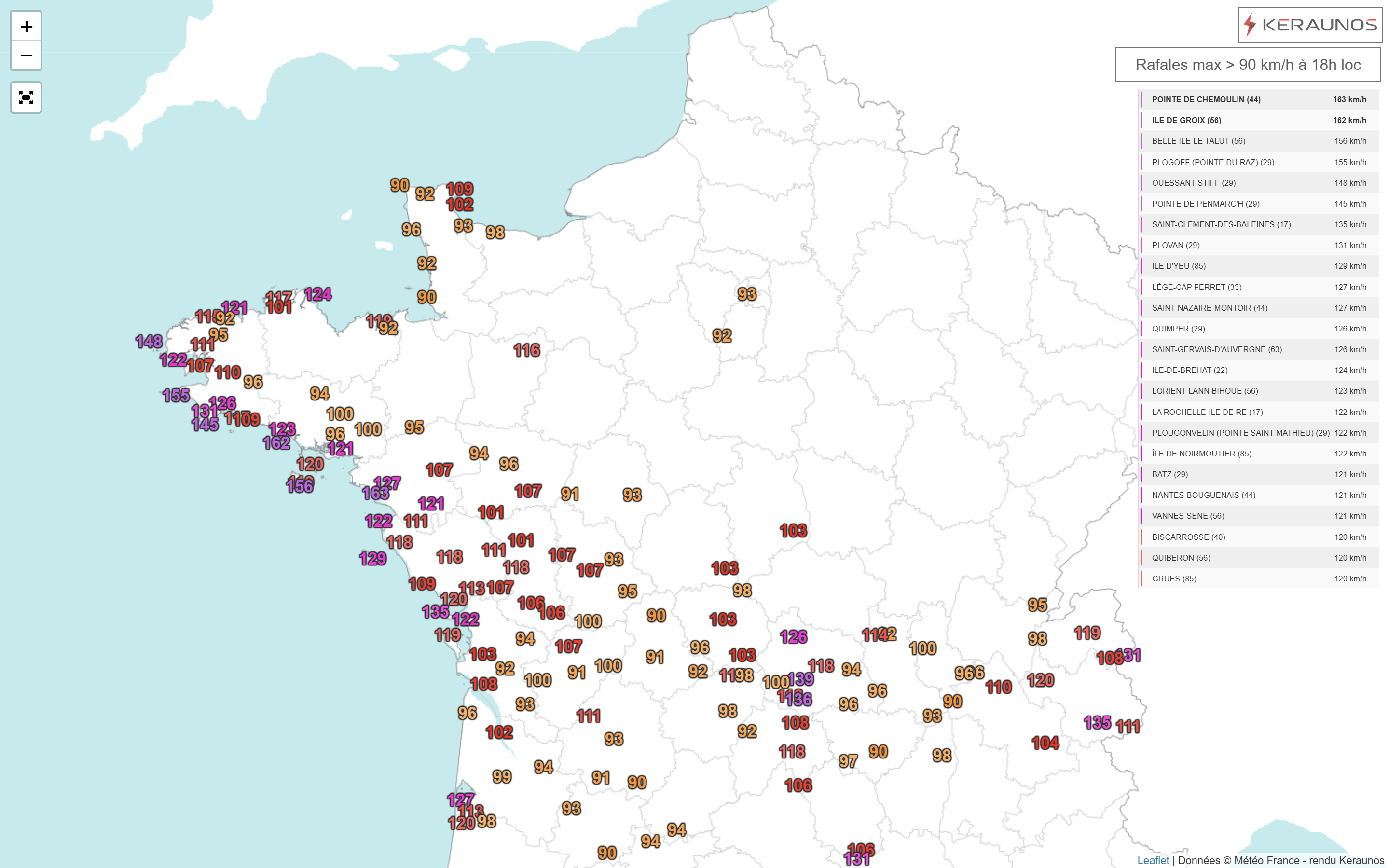 D&eacute;pression Caetano - Les fortes rafales ont gagn&eacute; les Alpes en ce d&eacute;but de soir&eacute;e. Les valeurs sont remarquables sur la c&ocirc;te Atlantique, comprises entre 130 et 160 km/h. Dans les terres, les 100 &agrave; 120 km/h ont &eacute;t&eacute; atteints du sud Bretagne au Poitou et plus ponctuellement en allant vers les Alpes.