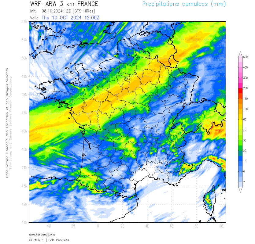 L'axe de fortes pluies est &agrave; pr&eacute;sent assez bien cern&eacute;, avec des cumuls de 60 &agrave; 80 mm attendues des Pays de la Loire au Luxembourg, avec des pointes localis&eacute;es &agrave; 100 mm possibles sur cet &eacute;pisode remarquable.
Sur les deux tiers sud, il devrait faire chaud demain, au sud de la d&eacute;pression, sous le vent de sud soutenu (80/90 km/h en plaine) qui advecte de l'air chaud. Les maximales seront plus fra&icirc;ches sous la pluie sur l'axe concern&eacute;.
