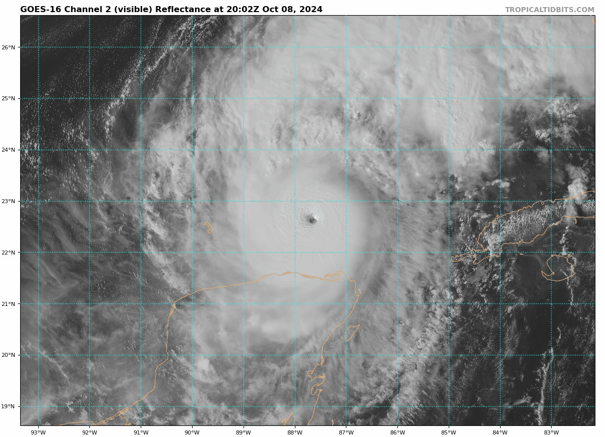 Milton est &agrave; nouveau de cat&eacute;gorie 5 avec une pression extrapol&eacute;e au centre autour de 900 hPa. L&rsquo;&oelig;il de l'ouragan s'est bien r&eacute;chauff&eacute; et &eacute;clairci ces derni&egrave;res heures, avec une intensification qui se produit et des vents mesur&eacute;s &agrave; 160 kts au niveau de vol de la reconnaissance a&eacute;rienne.