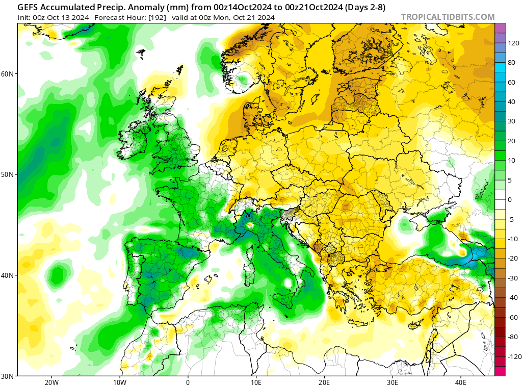 La semaine &agrave; venir, dans un flux &agrave; dominante sud, va une nouvelle fois &ecirc;tre plus pluvieuse que la normale, avec des pluies surtout significatives sur l'ouest et le sud-est du pays (o&ugrave; un &eacute;pisode c&eacute;venol est envisag&eacute;). Un bloc anticyclonique positionn&eacute; sur le centre et le nord de l'Europe devrait maintenir les deux tiers du continent sous un temps plus sec.