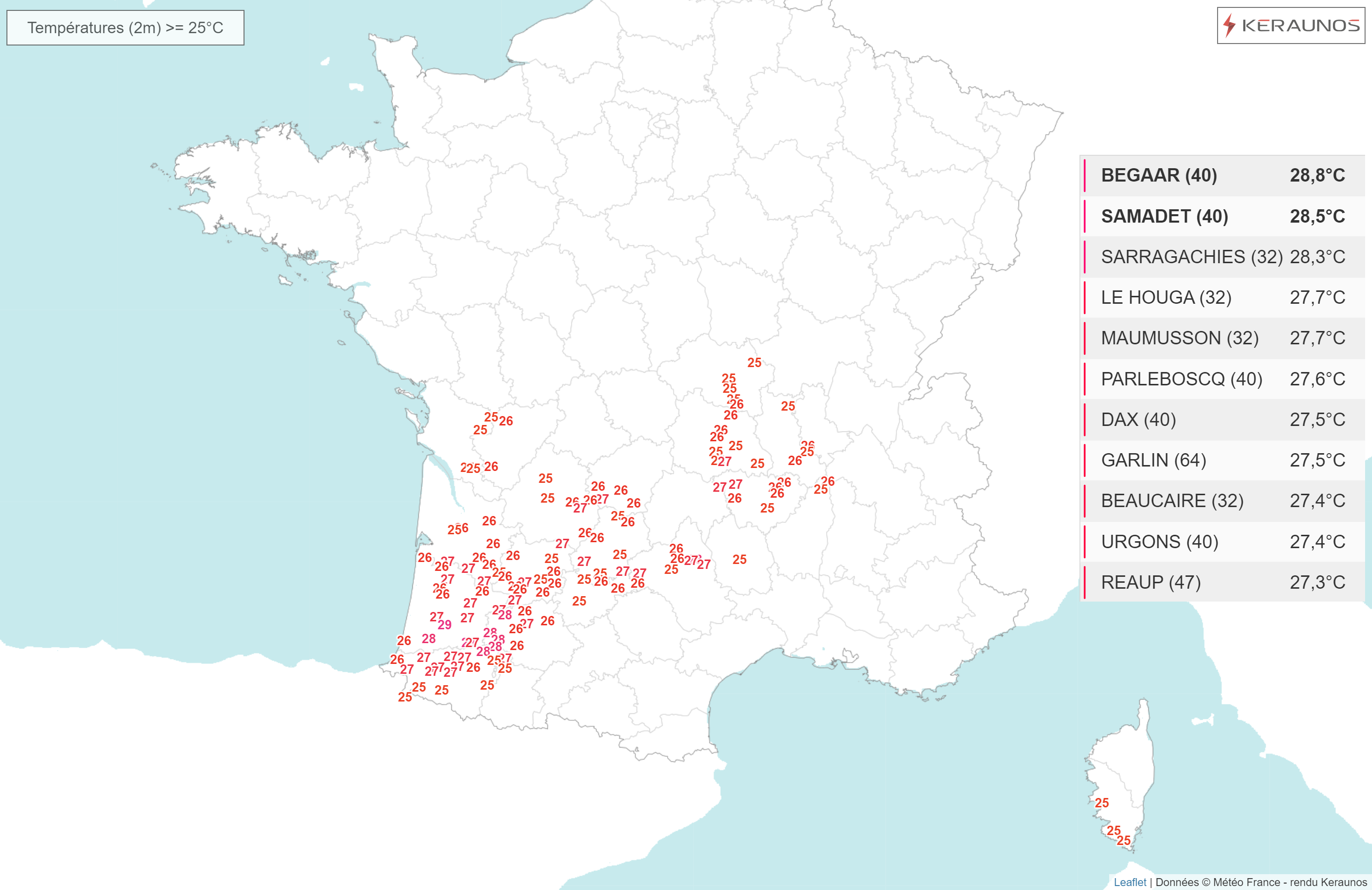 Chaleur tardive en cette mi-octobre entre le sud-ouest et le Massif-Central ce lundi avec plus de 25&deg;C sur cet axe, et localement jusqu'&agrave; pr&egrave;s de 29&deg;C relev&eacute; dans les Landes.