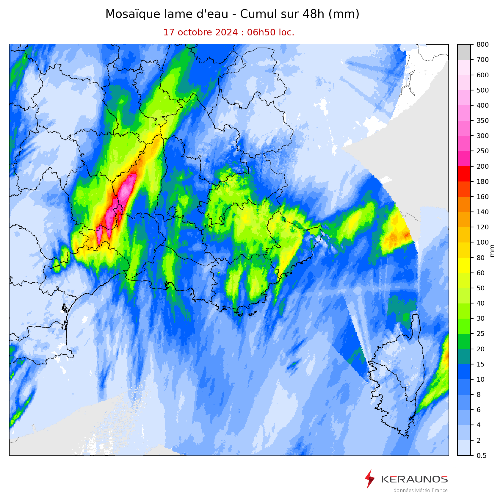 540 mm sont relev&eacute;s en moins de 48h dans le bassin de l'Ard&egrave;che &agrave; Mayres. La station Infoclimat&nbsp;de la Croix de Bauzon rel&egrave;ve plus de 600 mm.&nbsp;Les cumuls de pluie sur le reste de l'axe c&eacute;venol sont tr&egrave;s importants avec &agrave; 7h ce matin jusqu'&agrave; 405 mm &agrave; Villefort en Loz&egrave;re.