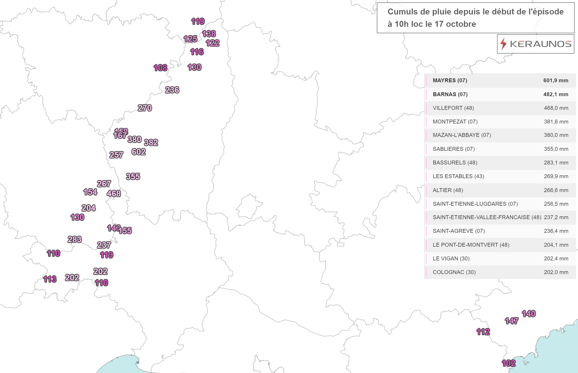 A 10h ce jeudi, les cumuls depuis le d&eacute;but de l'&eacute;pisode d&eacute;passent localement 600 mm &agrave; Mayres en Ard&egrave;che et atteignent 400 &agrave; 500 mm sur le Mont Loz&egrave;re et environs. Des lames d'eau significatives ont &eacute;t&eacute; relev&eacute;es sur l'ouest des Alpes-Maritimes entre hier et aujourd'hui.