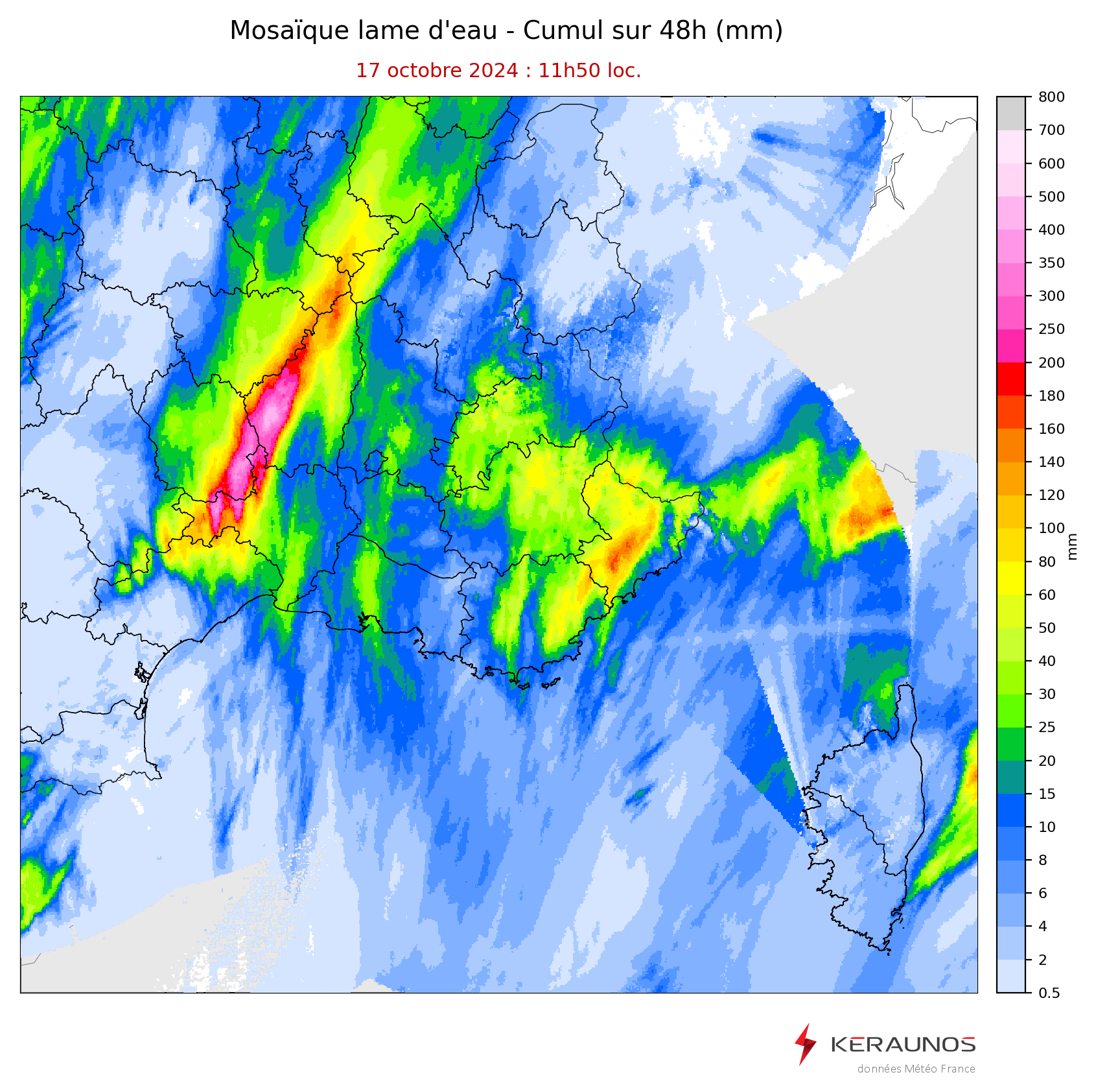 A 12h, la superficie des fortes lames d'eau est remarquable. Il est relev&eacute; 618 mm &agrave; Mayres (780 mm &agrave; la station VP2 Infoclimat de la Croix de Bauzon). On rel&egrave;ve &eacute;galement plus de 200 &agrave; 250 mm sur l'extr&ecirc;me est de la Haute-Loire (sources de la Loire et du Lignon), 150 mm sur le Pilat (source du Gier).