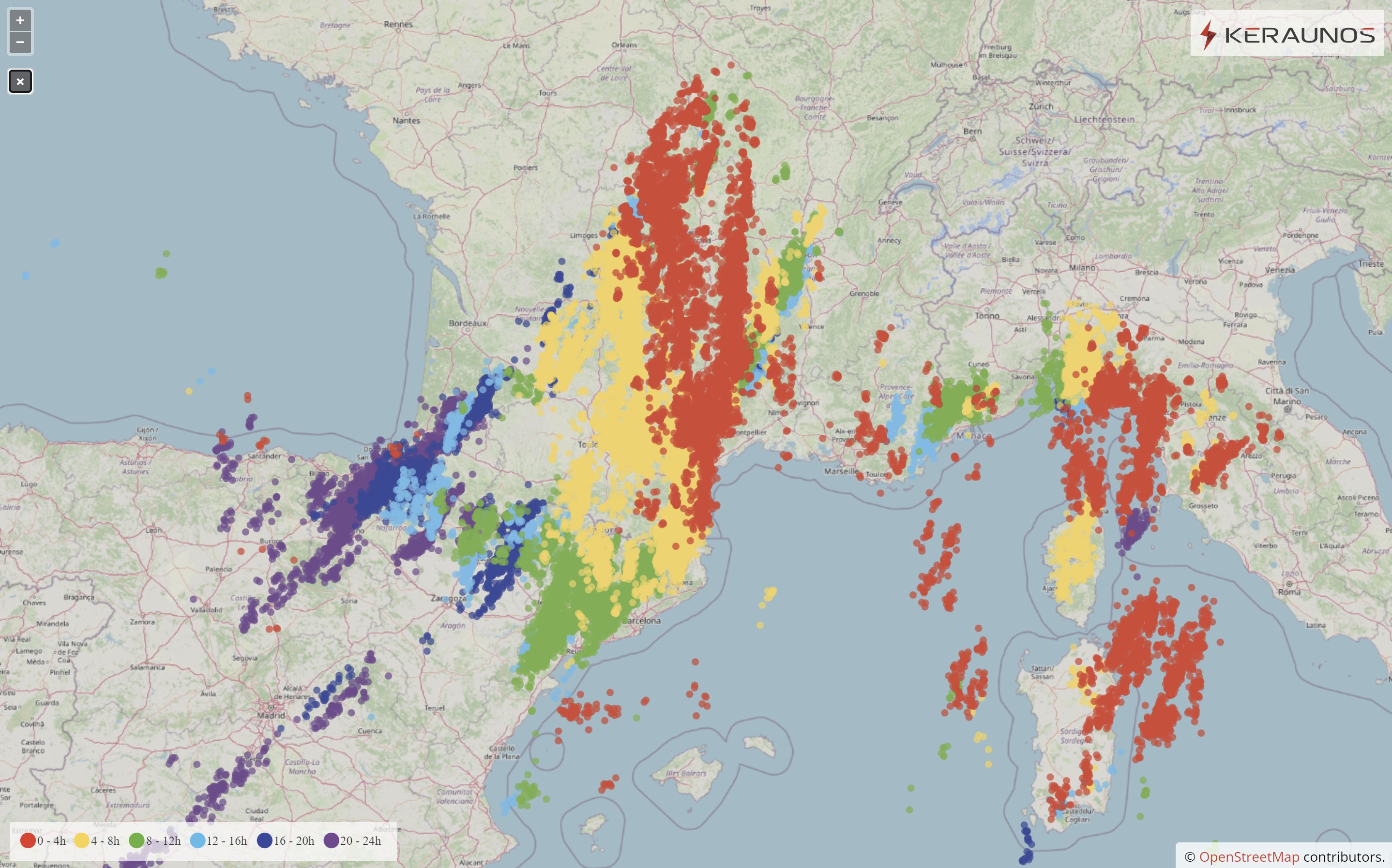 L'activit&eacute; &eacute;lectrique de ces derni&egrave;res 24h est spectaculaire pour une deuxi&egrave;me quinzaine d'octobre. La masse d'air a &eacute;t&eacute; remarquablement instable, produisant des orages sur une bonne moiti&eacute; sud, jusqu'au Golfe de G&ecirc;nes. Plus de 30 000 &eacute;clairs d&eacute;tect&eacute;s en France ces 24 derni&egrave;res heures.