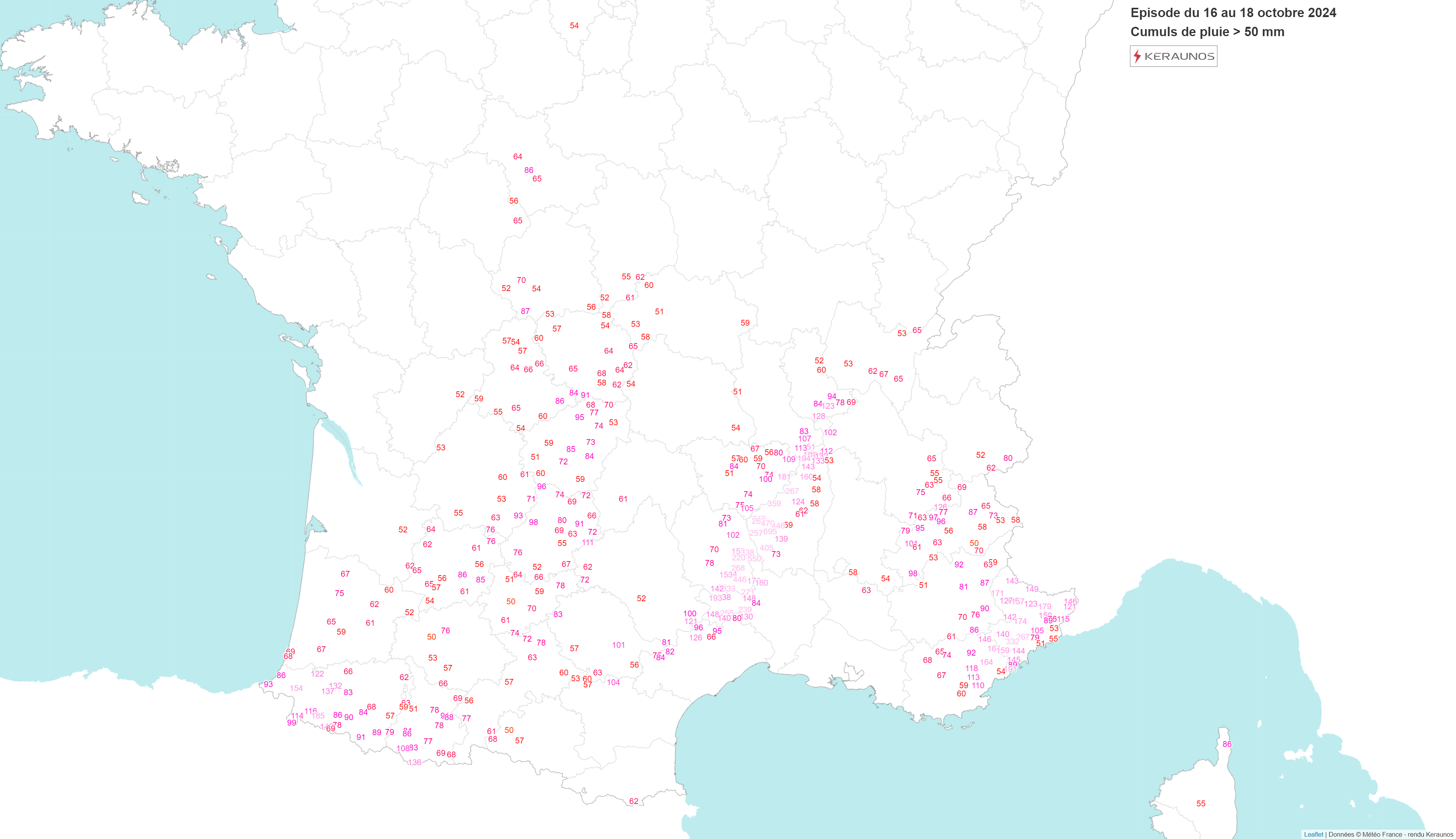 Plus de 360 stations pluviom&eacute;triques ont relev&eacute; des cumuls de pluie sup&eacute;rieurs &agrave; 50 mm (50 L/m&sup2;) sur l'&eacute;pisode pluvio-orageux entre le 16 et 18 octobre, ce qui est consid&eacute;rable. La moiti&eacute; sud du pays a &eacute;t&eacute; tr&egrave;s concern&eacute;e, notamment un axe Aquitaine/Centre, les C&eacute;vennes et l'est de la Provence. Le fichier image en PDF est consultable en cliquant sur le lien.