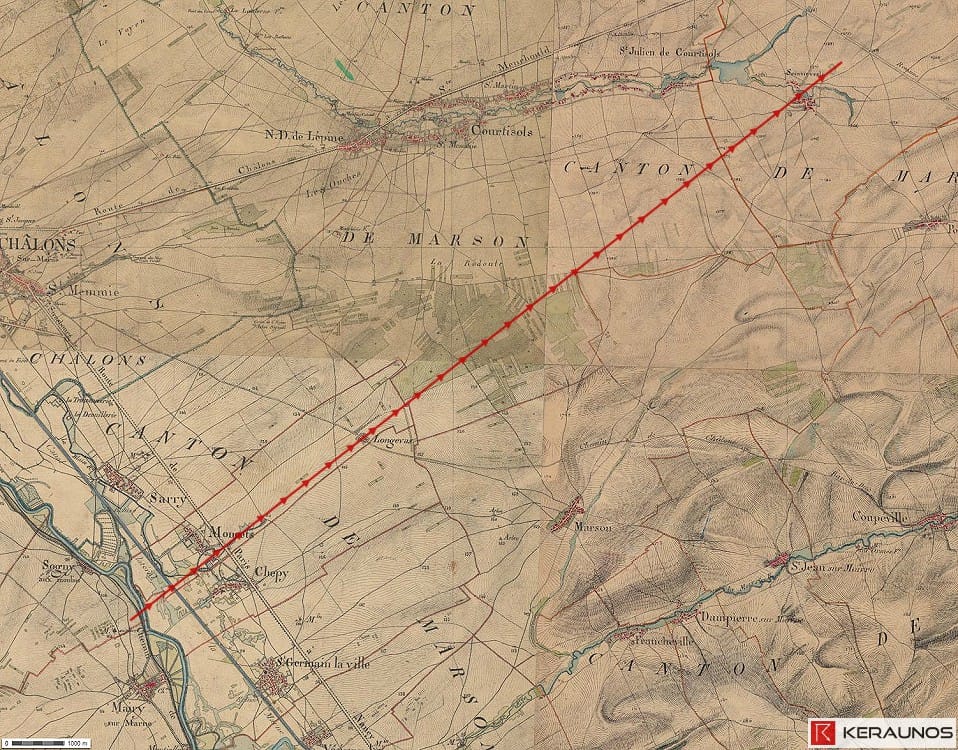 Il y a 150 ans, le 19 octobre 1874, une puissante tornade provoquait des dommages consid&eacute;rables dans la Marne sur un parcours de 18 km, et notamment &agrave; Moncetz-Longevas. Cette tornade, qui a atteint l'intensit&eacute; EF4 (vents estim&eacute;s : 270-320 km/h), a notamment fait une victime humaine et tu&eacute; plusieurs animaux.