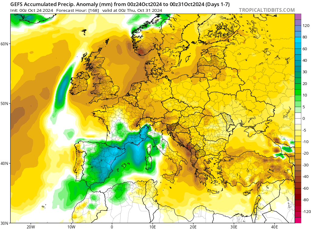 Temps tr&egrave;s contrast&eacute; pour les 7 prochains jours avec l'enfoncement d'une goutte froide vers la p&eacute;ninsule Ib&eacute;rique et la constitution d'un blocage anticyclonique sur le nord de l'Europe.
Une anomalie tr&egrave;s pluvieuse ressort nettement en M&eacute;diterran&eacute;e sur les 7 prochains jours alors que la tendance sera nettement plus s&egrave;che sur le nord du pays et du continent.
En Ard&egrave;che, il est probable que certaines stations enregistrent 1000 mm ou plus sur le mois d'octobre.